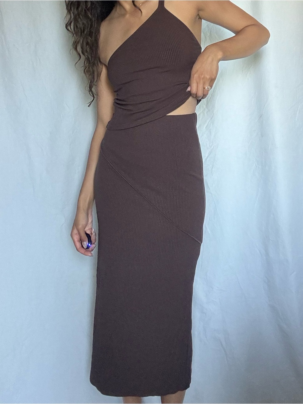 A Bronze Age Confessions Tube Skirt Asymmetric Ribbed in Chocolate Brown